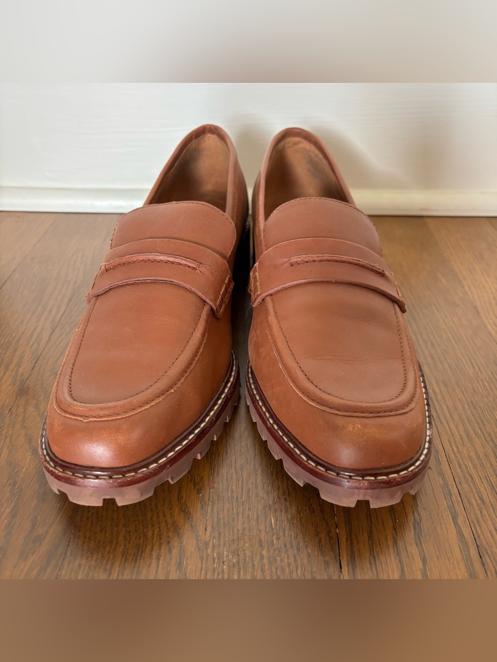 Madewell Corrine Tan Leather Lug-Sole Women's Penny Loafers - Picture 2 of 6